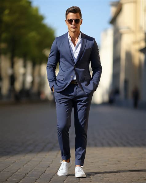 navy blue suit with sneakers.